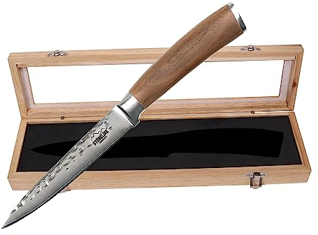 STONELINE Coltello multiuso Damasco martellato, 5', lama in acciaio Damasco, con manico in legno di noce.