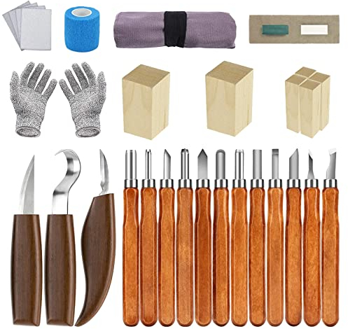 Holz Schnitzwerkzeug Set, KAQ 32 in 1 Schnitzset mit 15* Schnitzmesser, 6 Stück Lindenholz zum Schnitzen, Schleifstein und schnittfesten Handschuhen, Schnitzwerkzeug Set für Anfänger und Kinder