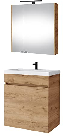 Planetmöbel Waschbecken mit Unterschrank inkl. Keramikwaschbecken 63 x 60 x 36,5 cm, Spiegelschrank 60 cm mit LED-Leuchte (schwarz matt) & Steckdose, modernes Badmöbel Set, Gold Eiche