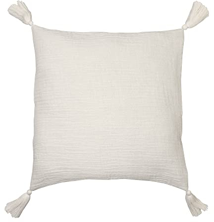 Jean & Len Kissenhülle mit Quasten aus 100% Bio-Baumwolle, mit Knöpfen aus Kokosnuss, Oeko-TEX & GOTS Zertifiziert, in der Farbe Ecru, produziert in der Türkei, Kissenbezug 45x45 cm