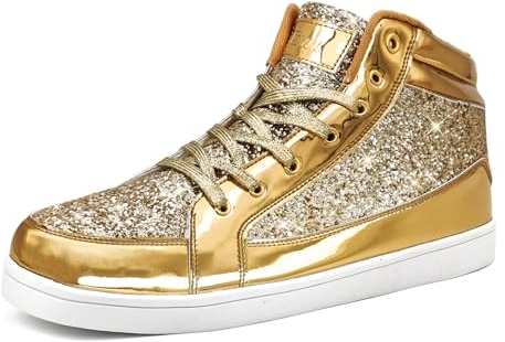 IGxx Glitzernde weiße Schuhe für Herren, modisch, hohe Oberseite, lässige Pailletten, funkelnde Sneaker, Herren, glitzernd, glänzend, Glitzergoldfarben, 49.5 EU
