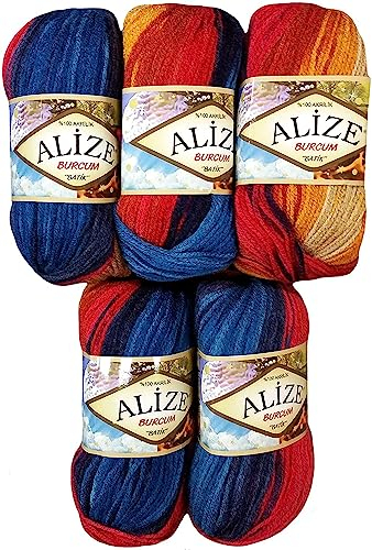 500 Gramm Ilkadim Export Burcum Batik Wolle mehrfarbig mit Farbverlauf, 5 x 100 Gramm Acryl Strickwolle bunt (blau rot gelb ua 4340)