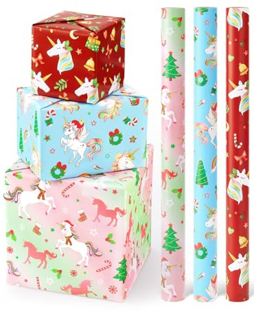 WERNNSAI Weihnachts Geschenkpapier – 3 Rollen Geschenkpapier Weihnachten Kinder Mädchen Regenbogen Rot Blau Weihnachtsbaum Einhorn Geschenk Doko Weihnachtsfeier Geburtstagsdekoration 43cm x 3m