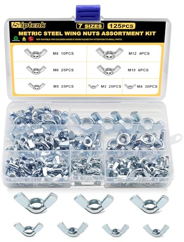 Siptenk Metric Wing Nuts 125PCS, M3 M4 M5 M6 M8 M10 M12 Wingnuts 7 Assorted Sizes Carbon Steel Zinc Plated Butterfly Wing Nut Fasteners Hardware Assortment Kit