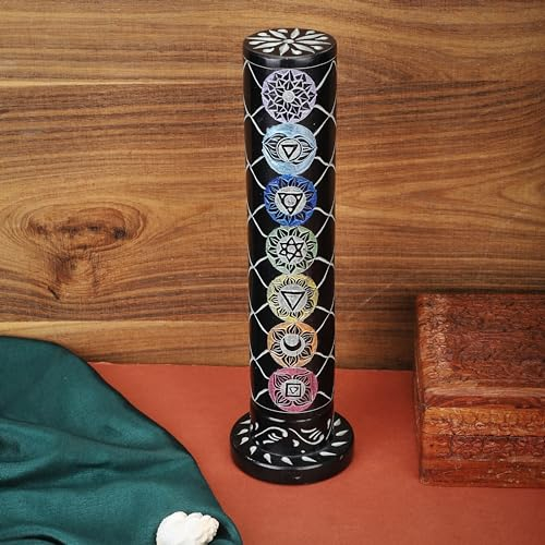 Ajuny Räucherstäbchen Turmbrenner aus Schwarzem Marmor Speckstein, 3x3x10.5 Zoll Rund Dekorativer Teelichthalter mit 7 Mantra Schnitzereien für Zuhause Büro Duft Yoga Meditation Zubehör