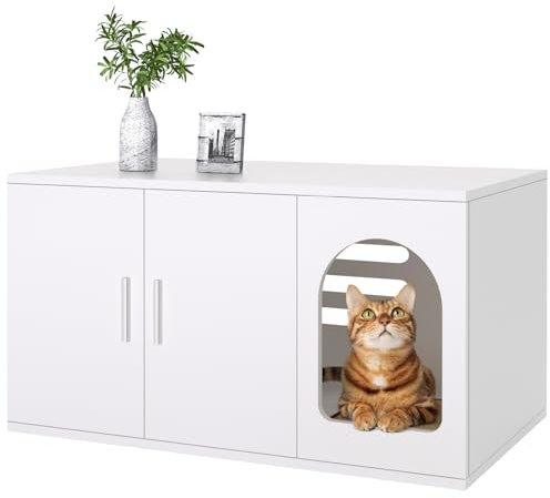 Amunrbrek Cat Litter Box Enclosure Furniture, Modern Stackable Litter Box Cabinet with Cat Scratch Mat, Side Table (White)