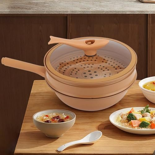 Multifunktionaler Wok mit flachem Boden und Dampfkorb, 2-in-1-Bratpfanne mit freistehendem Deckel, antihaftbeschichtete Ton-Mikrodruckpfanne, antihaftbeschichtete tiefe Bratpfanne mit Glasdeckel