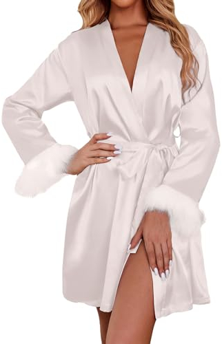 FeiliandaJJ Feder Bademantel Damen Satin Kimono Morgenmantel Nachthemd Sexy Kurz Robe mit Gürtel Langarm Nachtwäsche Sleepwear für Party Hochzeit Braut Brautjungfern