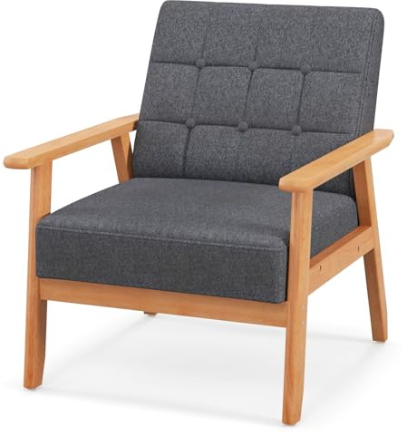 Multigot Accent Armchair, Button Tufted Upholstered Lounge Chair | Linen Fabric Single Sofa Chair Modern Leisure Chair with Rubber Wood Frame for Living Room Bedroom Office