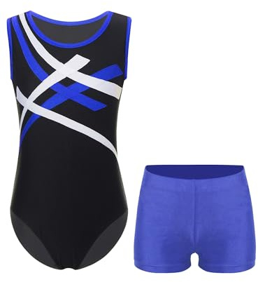Yeahdor Kinder Turnanzug Ärmellos Sport Bodysuit mit Kurze Hose Trainingsanzug Jogginganzug Ballettanzug Eiskunstlaufen Akroabtik A Blau 146-152