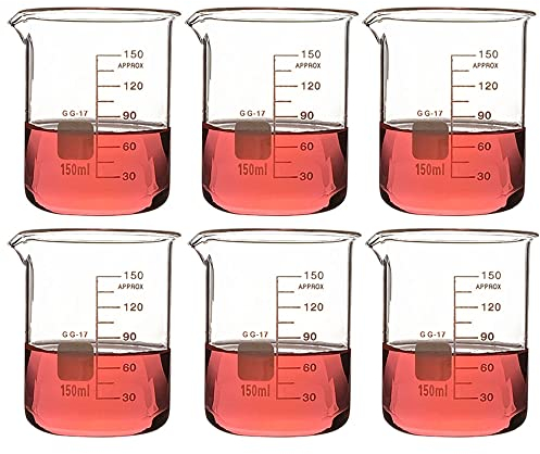 6 vasos de precipitados de vidrio de forma baja, (100 ml, 150 ml, 200 ml, 250 ml, 300 ml) Vaso de laboratorio de borosilicato, vaso de medición de vidrio con graduación y pico vertedor, para laborat