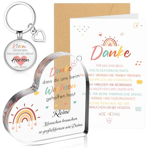 Sinmoe 4 Stück Erzieherin Abschiedsgeschenke Set Kleine Menschen Brauchen So Große Herzen Wie Deins Schlüsselanhänger mit Herzförmiges Acryl Schild Regenbogen Karte Umschlag für Lehrer(Helle Farbe)
