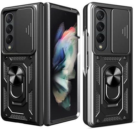 ESTH® Coque pour Samsung Galaxy Z Fold3 5G avec Lentille Coulissante Couverture et Support Rotatif, Anti-Chute Étui Housse Compatible avec Support De Voiture Magnétique, Noir
