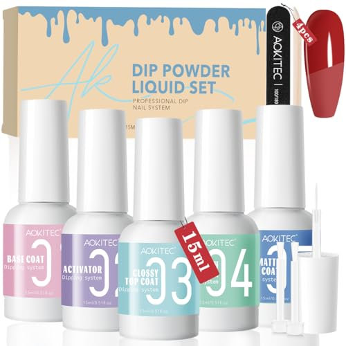 Aokitec 13PCS Dip Powder Liquid Set - Glossy & Matte Top Coat, Base, Activator, Brush Saver with Liner Brush Basic Tools for Nail Dipping Powder Nail Art