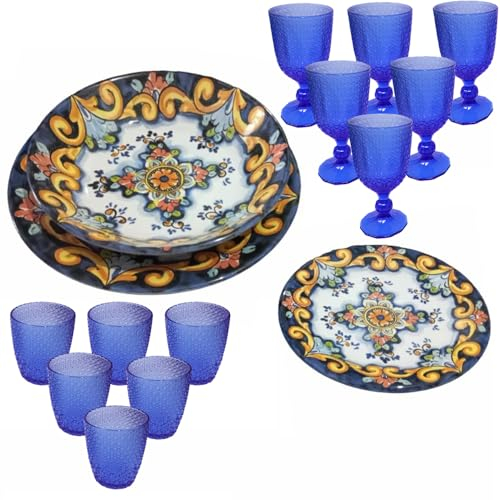 Servizio COMPLETO di Piatti in Ceramica e Bicchieri Vetro Vietri Fiore Blu - Completo per Tavola da 6 Persone dipinto e lavorato a mano