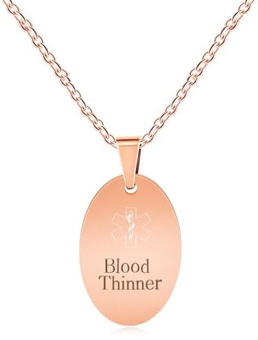 JunyiDIY Damen-Halskette „Blutverdünner“, oval, medizinische Alarm-Halskette – rosévergoldeter Edelstahl, modischer Notfall-SOS-Schmuck, Geschenk für ihre Mutter, Freundin