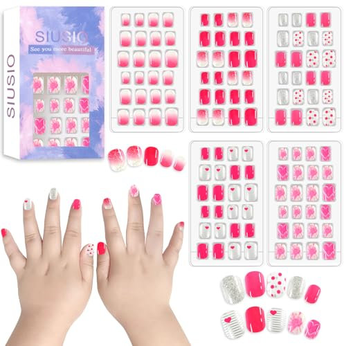 SIUSIO 120Pcs 5 Pack Press on Nails kids Children Acrylic Fake Nails Cute Pre-glue Full Cover Gradient Color Rainbow Short Stick On False Nail Art Kits Set for Kids Little Girls - Pink Love