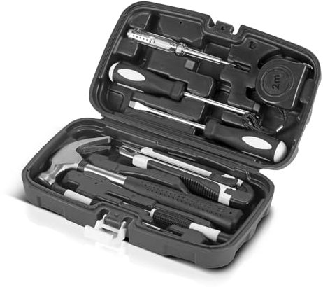 STAHLWERK Heimwerker Set HTS-9 ST Werkzeugkoffer | Tool Box | Werkzeugkasten mit 8-teiligem Werkzeug Set aus Schraubendrehern, Maßband, Hammer, Elektrosonde und Universalmesser