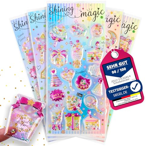 !! gefüllte Schüttelsticker Glitzerflocken 5er-Set !! Jolly Stickers® für Geschenke Geburtstag Aufkleber Shake Einhorn Sammeln Scrapbook Stickerheft Stickerbuch Stickeralbum Schulanfang Einschulung