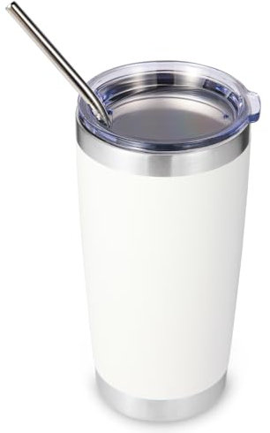 Volhoply 20oz 550ml Travel Insulated Tumbler with Lid and Straw, Double Wall Insulated Travel Iced Coffee Mug Fits Car Cup Holder,Powder Coated Cups for Hot & Cold Drinks, BPA Free(White,1 Set)