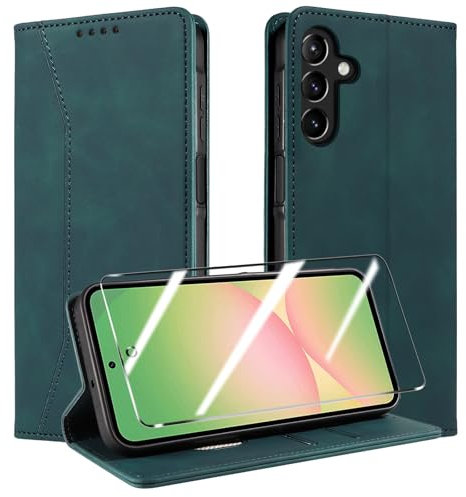 QHOHQ Handyhülle für Samsung Galaxy A56 / A36 5G Hülle mit Panzer Glas, Premium Leder Schutzhülle, [RFID Blockierung], Magnet Klappbar Flip Case Tasche, Multifunktional, Stoßfest-Seegrün