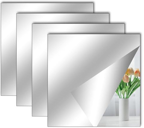 4 Stück Selbstklebende Fliesenspiegel Spiegel zum Aufkleben, 15 x 15 cm Acrylspiegel Schulspiegel Flexible Spiegelfolien Spiegelaufkleber für Wand Schule Zuhause Wohnzimmer Badezimmer Schlafzimmer