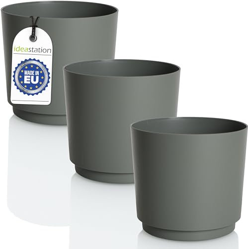 Idea-Station MATA Lot de 3 Pots de Fleurs 17,5 cm – 2,5 l – Vert/Gris – Pots de Fleurs incassables en Plastique pour différentes Plantes, Fleurs – Cache-Pots Mats pour l'intérieur et l'extérieur