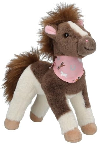 Depesche 13480 Miss Melody - Peluche Cheval Marron et Blanc, avec Foulard Rose, Peluche d'environ 18 cm avec crinière Douillette