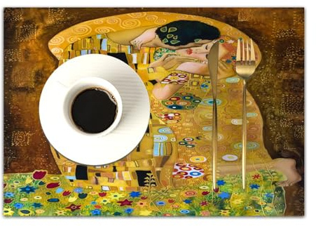 DASNK 4er Set Platzsets 30x45cmRutschfest Abwaschbar Tischmatten PVC Abgrifffeste Hitzebeständig Tischsets,Platz-Matten für küche,Klimt inspirierte abstrakte Kunst Batik Malerei auf dem Gelände von G