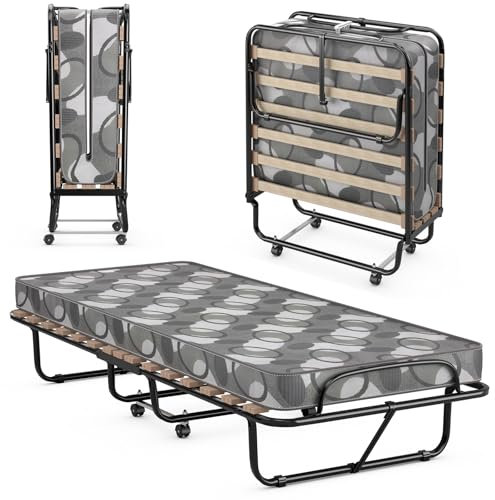 LIFEZEAL Klappbett, Klappbares Gästebett im Metallrahmen, Faltbares Einzelbett mit Matratze aus Memory Foam, Erwachsene Metallbett auf 4 Rädern (Grau, 190 x 80 x 33 cm)