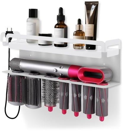 iulrtba Föhnhalter Wand Ohne Bohren, Wandhalterung Halter für 7 In 1 Styler Lockenstab Zubehör, Föhn Halterung für Dyson Airwrap Zubehör, für Bad Barbershop (Weiß)