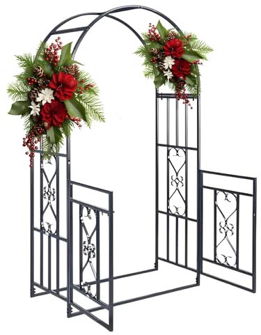 Generisch Rosenbogen mit tür, gartenbogen für kletterpflanzen, rankbogen Metall,Torbogen Rankhilfe wetterfest 114cmx210cm Rosenspalier Torbogen Weiß, Schwarz(White)