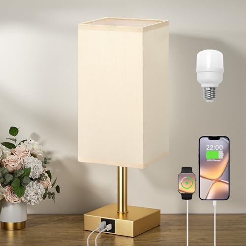Aooshine Gold Table Lamp, Bedroom Lamp with USB A+C Charging Ports with Beige Shade, Touch Lamps Bedside with 3 Way Dimmable(Bulb Included)