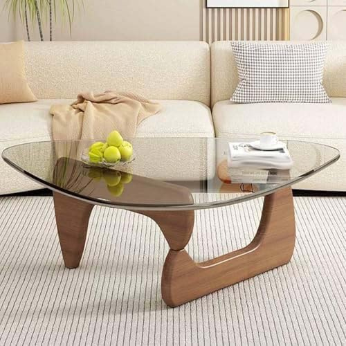 Table basse triangulaire en verre avec base en bois massif et plateau en verre trempé, design ovale rétro pour salon et côté canapé