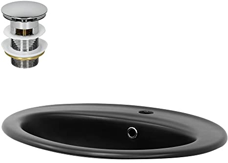 LuxeBath Waschbecken aus Keramik Schwarz matt 570x485x195 mm oval mit Ablaufgarnitur Silber, Einbauwaschbecken mit Überlauf, Aufsatzwaschbecken Einbauwaschtisch Waschschale Waschplatz Handwaschbecken