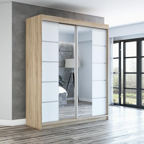 A&J MöbelLand Schwebetürenschrank ERA Kleiderschrank 2-türig mit Spiegel, Garderobe 180 cm (Sonoma/Weiß/Weiß)
