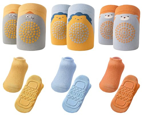 daqoupzi 3 pares de rodilleras para bebés y 3 pares de rodilleras para gatear para bebés, rodilleras antideslizantes y calcetines para bebés con puntos de goma, unisex, adecuados para bebés de 0 a 24