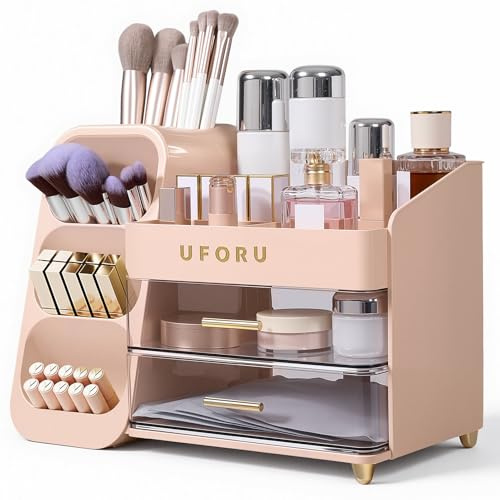 BTGGG Makeup Cosmetic Storage Box with Drawers & Makeup Brush Holder, Premium Countertop Organiser for Skincare, Lipstick, Beauty Products & Jewelry for Bathroom Bedroom Birthday Gift (Pink)