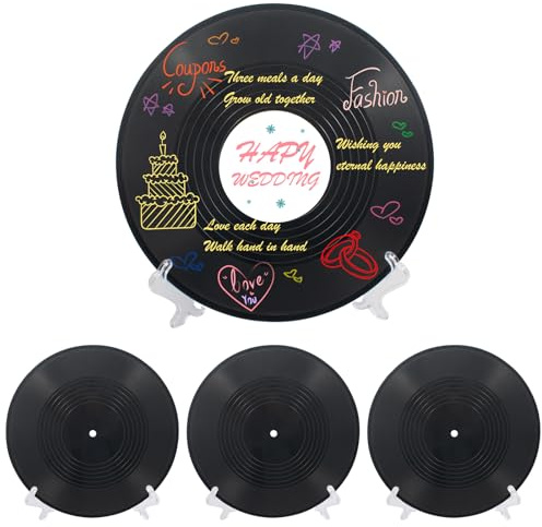 QoTang 4 Sets Vinyl Schallplatten Gästebuch,30 x 30 cm DIY Gästebuch Hochzeit mit mit Halterungen Aufklebern und 12 Farbstiften,für Geburtstag Schule Halloween Weihnachten DIY Geschenke