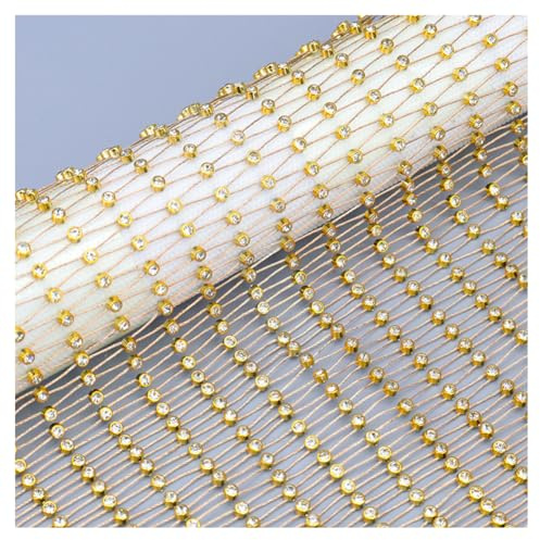 GreatRise 2 Yards Dehnbares Netz Strassstoff Glänzender Strass Netzstoff Kristall Stretchstoff Dekostoff Elastischer Fischnetz Stoff für Kleidung Tasche Schuhe Maske Dekoration Gold 71-72cm