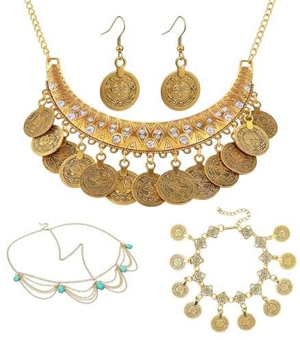 Bvxchg Damen Schmuck Wahrsagerin Accessoires, Bauchtanz Kostüm Set Mit Vintage Halskette, Coin Kopfkette, Armbänder, Ohrringe Gold, Kostüm Schmuck für Mottoparty Karneval
