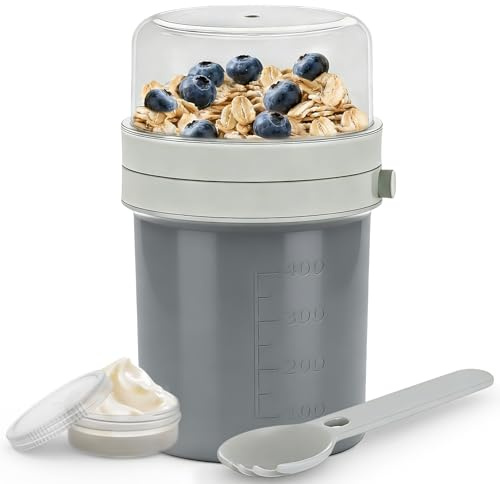 MRUN BONE Müslibecher To Go mit Gabel-Löffel, Auslaufsichere Joghurtbecher To Go, Müslibecher für Unterwegs, Arbeit, Schule, Picknick, 450ml+250ml, (Edel Hellgrau)