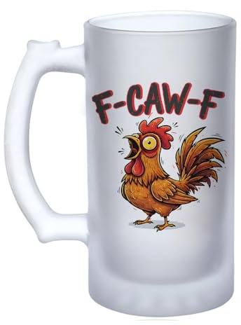 Funny Chicken Design | F-CAW-F | Hilarious Farm Animal Gift | Perfect Gag Gift, 16oz Frosted Beer Tankard Stein Mug, Bar Lovers, Pint Glass.