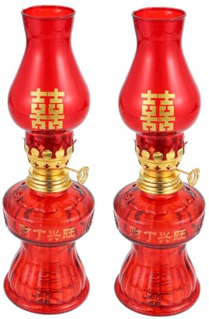 BAZEITFLOW 2 Stück Glas Öllampe Verstellbar mit Baumwolldocht Winddichte Petroleumlampe in Rot Festliche Tisch Dekoration für Hochzeit und Wohnraum