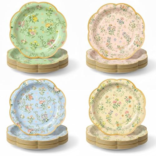OuMuaMua Lot de 48 assiettes jetables en carton vintage à motif floral de 22,9 cm pour anniversaire, mariage, thé, jardin, fête, thème fleurs printanières, pour 48 invités