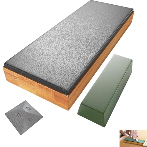 3 PCS Leather Strop, Knife Strop for Sharpening & Honing, 20cm x 7.5cm Genuine Leather Kit with Green Honing Compound & Angle Guide, Knife Stropping Block for Knives Straight Razors Non-Slip Wood Base