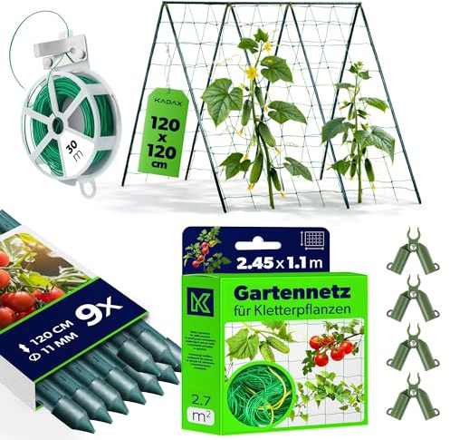 KADAX Gurken Rankhilfe Set – 9 x Pflanzstab 120 cm, Ranknetz 2,45 x 1,1 m, 4 x Pflanzstab-Verbinder, 30 m Gartendraht – Gurkenrankhilfe, Rankgitter, Gurkenrankgitter
