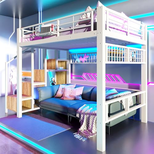 Dolamaní Hochbett 140x200 cm Metall mit Treppe und Stauraum, Metall-Bettgestell und Lattenrost, Etagenbett mit LED für Kinder, Jugendliche und Erwachsene, Ohne Matratze (Weiß)