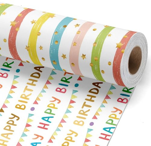 BIOBROWN Geschenkpapier Geburtstag, bunte Partywimpel, 43 cm x 10 m | Wendbar: Schrift und Streifen, rückseitig Goldfolien-Sterne; für Kinder, Erwachsene und Partys