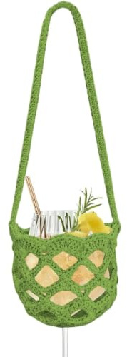 Pealeaf Hands-Free Crochet Wine Glass Crossbodys Bag, Beach Party Cup Carry Sleeve, Knitted Sling Holder, Knit Wine Holder Carrier for Vineyard Tours Beach Parties Travelling